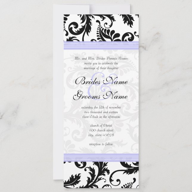 Lilac Trim Black Damask Swirls Convite Para Casame (Frente)
