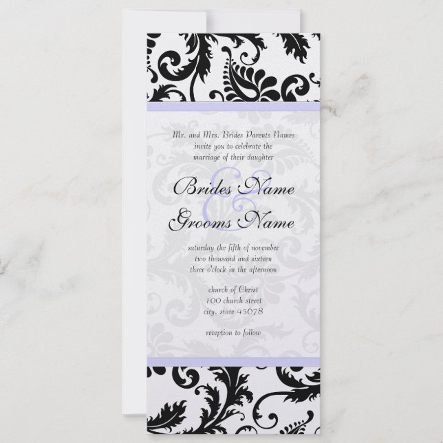 Lilac Trim Black Damask Swirls Convite Para Casame (Frente)