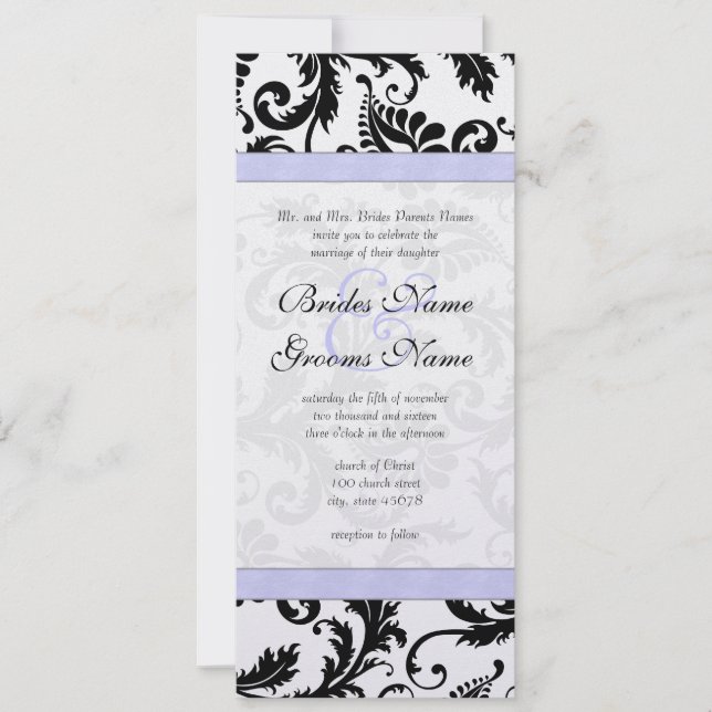 Lilac Trim Black Damask Swirls Convite Para Casame (Frente)