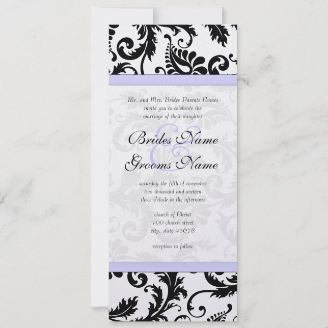 Lilac Trim Black Damask Swirls Convite Para Casame (Frente)