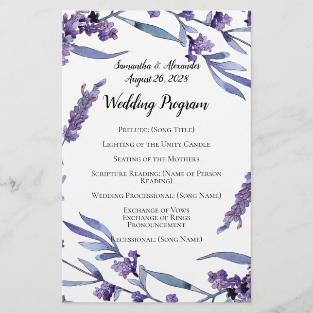 Lilac Watercolor Elegant Wedding Program (Frente)