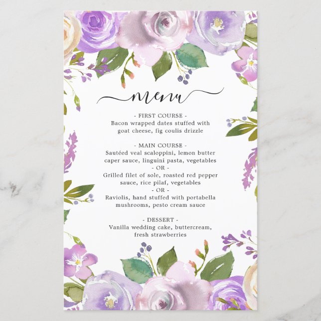 Lilac Watercolor Floral Elegant WedMenu (Frente)