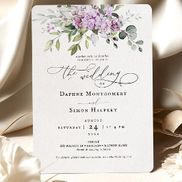 Lilacs Greenery Script Casamento Convite Roxo