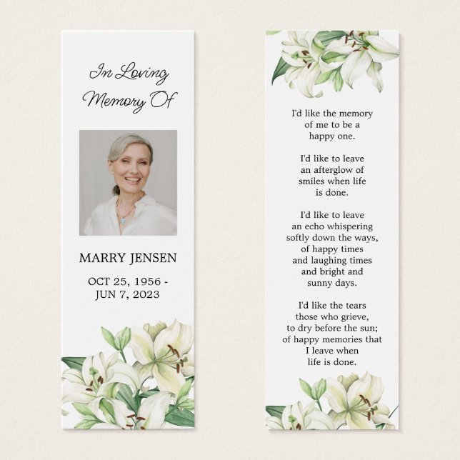 Lily Floral Photo Funeral Memorial Bookmark (Frente & Verso)