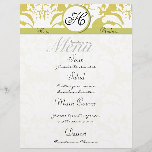 Limão e Menu Casamento do Monograma do Damasco Dou (Frente)