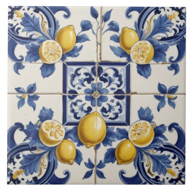 Limões cerâmicos italianos Azulejo branco azul (Frente)