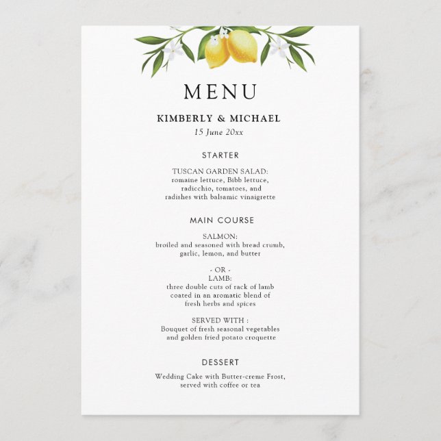 limões pintados menu de casamento folhagem verde (Frente)