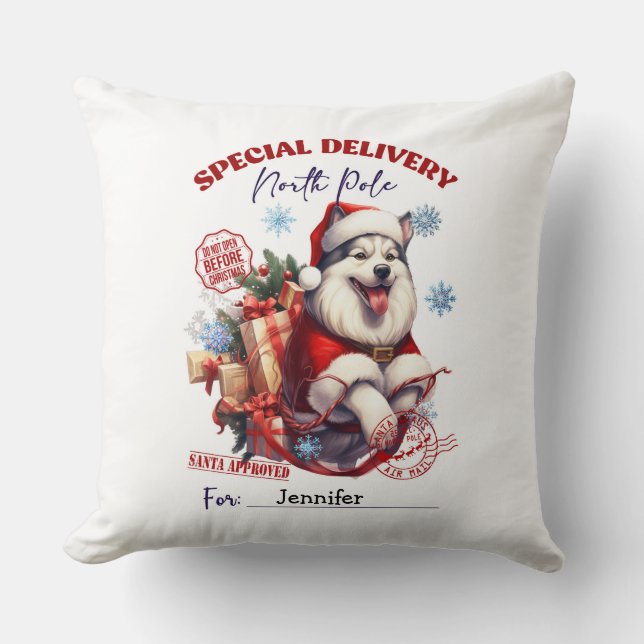 Linda Almofada de Natal com Husky Siberiano (Frente)