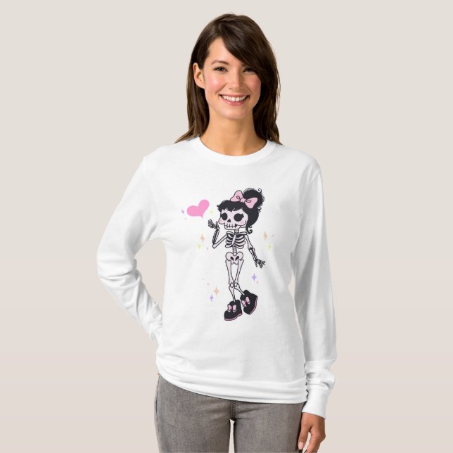 Linda Camisa de Manga Longa Esqueleto de Halloween (Frente Completa)