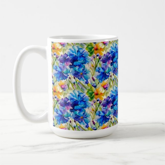 Linda caneca de arte floral azul em aquarela  (Esquerda)