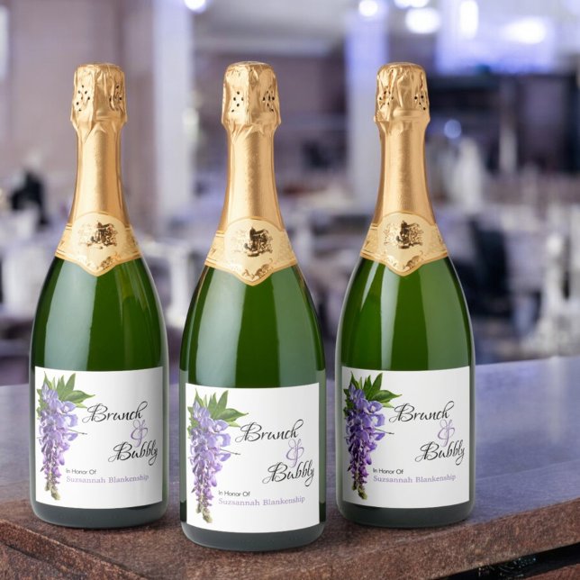 Linda Floral Wisteria Chá de panela Brunch Bubble (Sparkling Wine Label with Wisteria Flowers)
