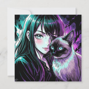 Linda Garota de Anime e Gato Siames