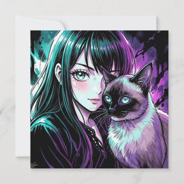 Linda Garota de Anime e Gato Siames (Frente)