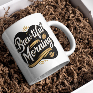 Linda manhã, café engraçado, com caneca de design.