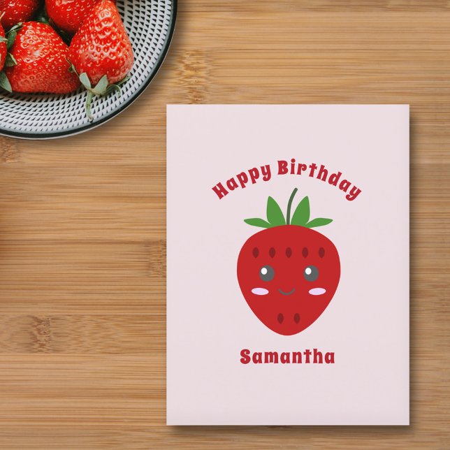 Linda Morango Feliz Aniversário Cartão Postal Rosa (Cute Strawberry Happy Birthday Pink Postcard)