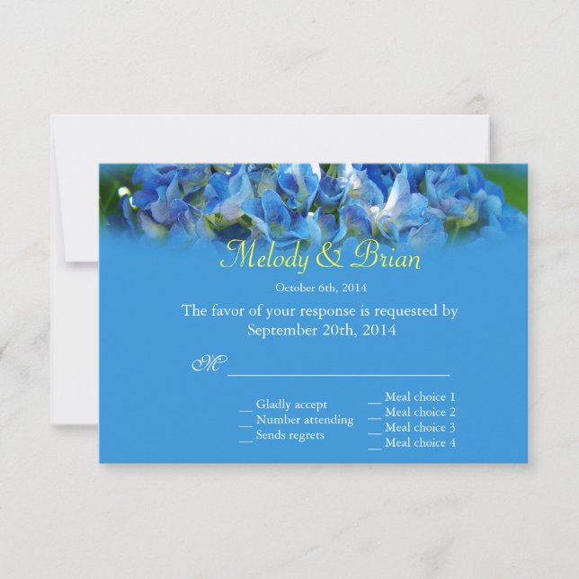 Lindas flores azuis de hydrangea, casamento RSVP (Frente)