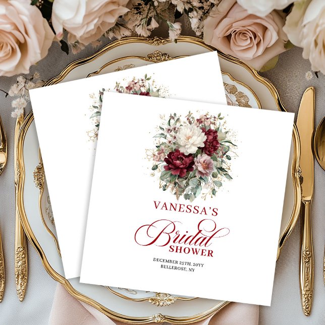 Lindas Guardanapos para Chá de Noiva Floral Borgon (Beautiful Burgundy Floral Bridal Shower Napkins)
