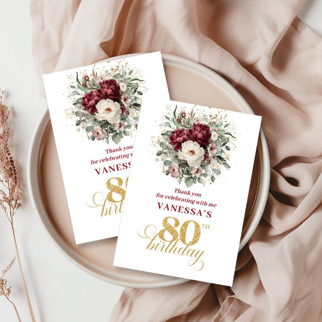 Lindo Agradecimento de 80º Aniversário em Bege Vin (Beautiful Blush Burgundy 80th Birthday Thank You Card)