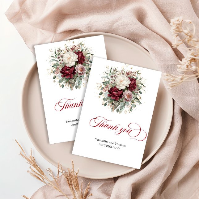 Lindo Agradecimento de Casamento Floral Vermelho I (Beautiful Deep Red Floral Gold Wedding Thank You Card)