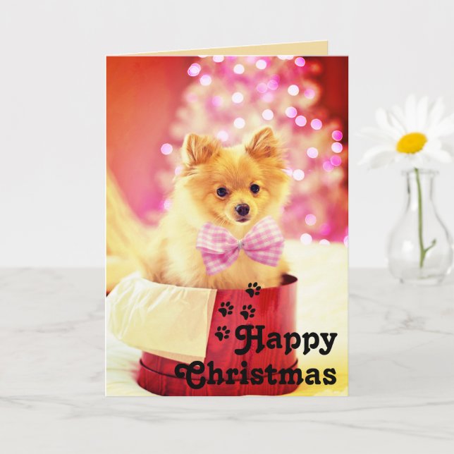 Lindo Cachorro com Laço Rosa & Feliz Natal Cartão  (Planta pequena)