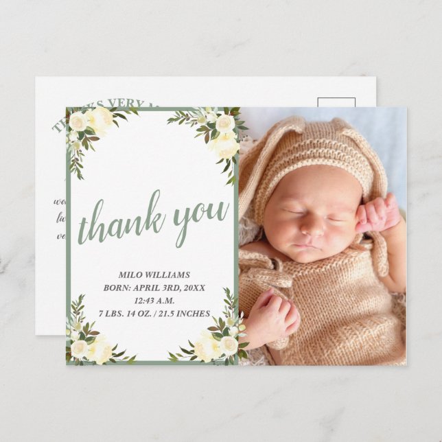 Lindo cartão de agradecimento de chá de bebê flora (Frente/Verso)