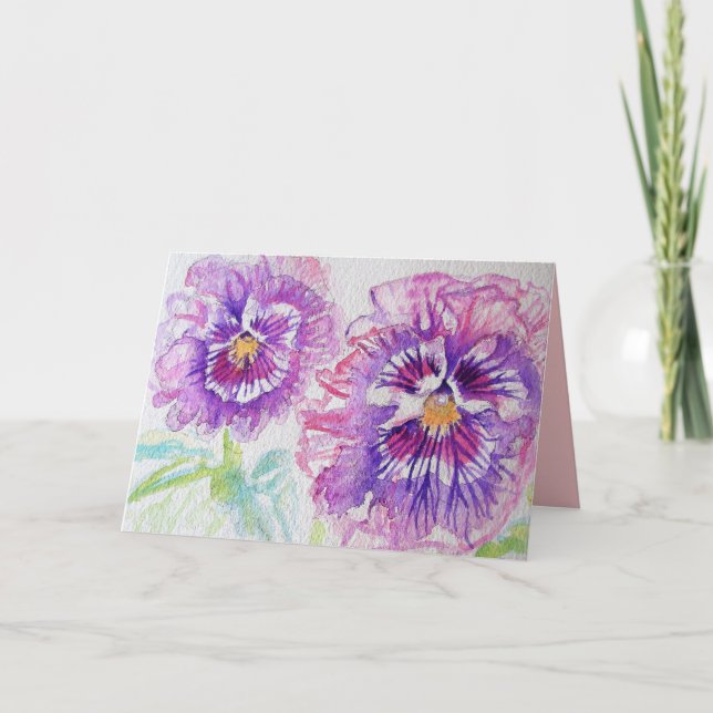 Lindo cartão de aquarela de flores de Pansy Roxo (Frente)