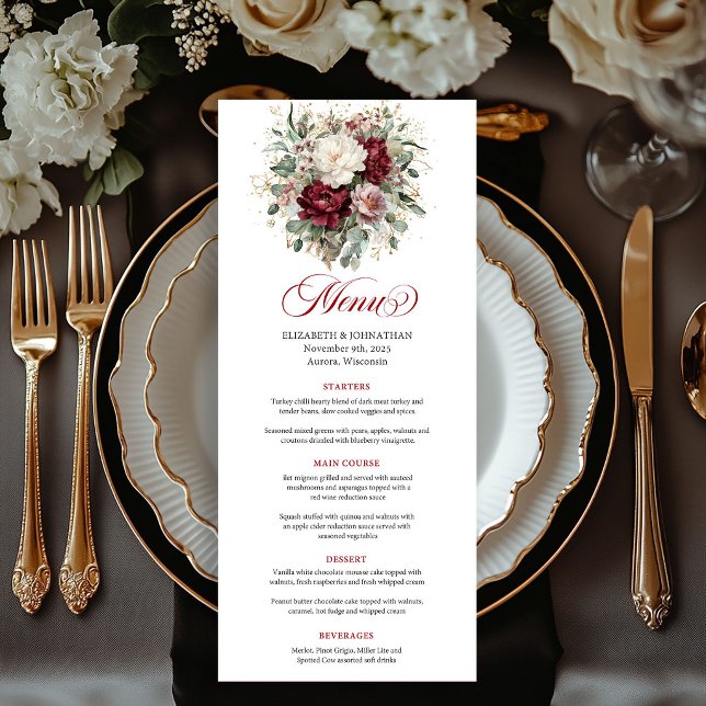 Lindo Cartão de Menu Verde Flores Bordô Dourado (Beautiful Burgundy Flowers Greenery Gold Menu Card)
