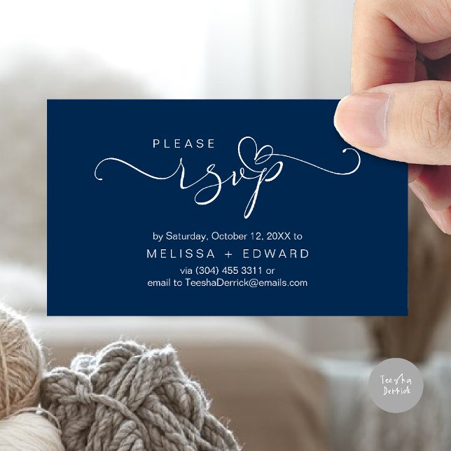 Lindo Cartão de Resposta para Convite de Casamento (Wedding invitation RSVP via Phone or email respond reminder Enclosure Card in aesthetic Navy Blue)