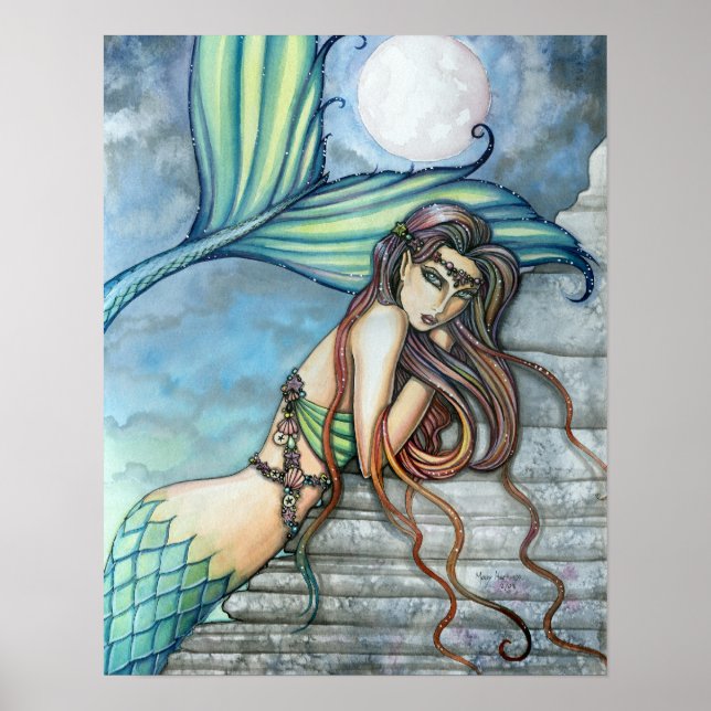 Lindo Cartaz de Impressão de Aquarela de Sereia (Frente)