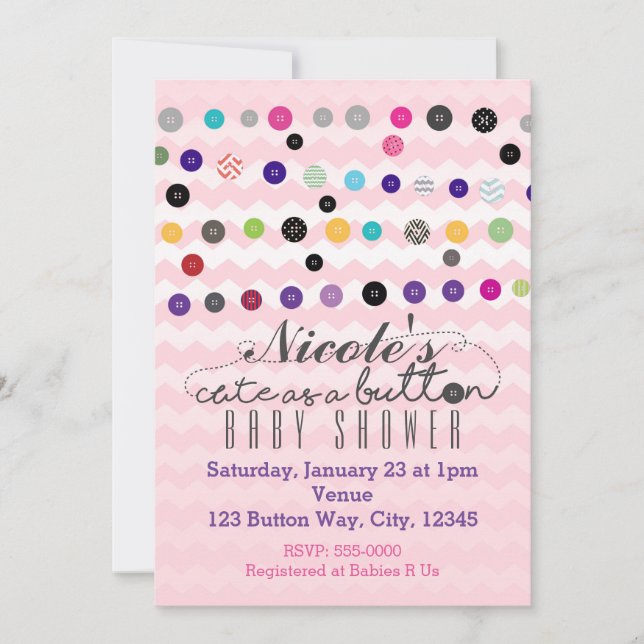 LINDO COMO UM BOTÃO Convites Rosa para Chás de Beb (Frente)