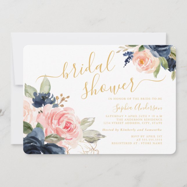 Lindo Convite de Noivado Rosa Azul Dourado Floral (Frente)