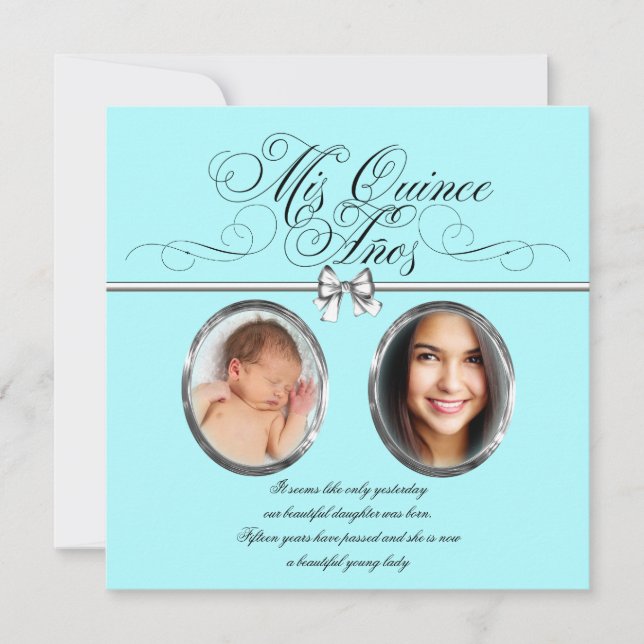 Lindo Convite de Quinceanera com Foto Azul Turques (Frente)