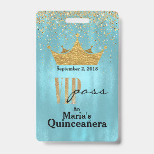 Lindo Crachá VIP de Quinceañera Azul com Coroa Dou