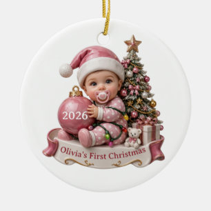 Lindo Enfeite de Natal Rosa 3D para Bebê Menina no