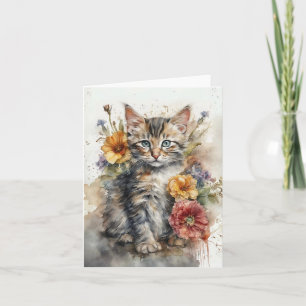 Lindo Gato Tabby Cinza Flores Cartão de Abertura e