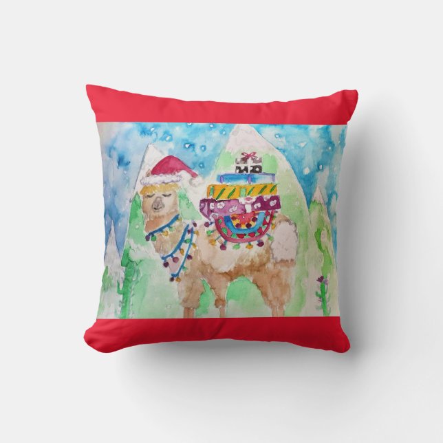 Lindo Llama de Natal em Aquarela Almofada Decorati (Frente)