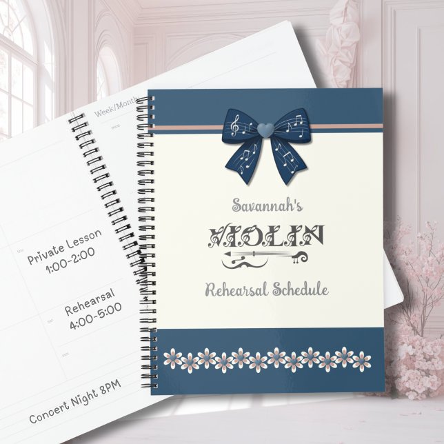 Lindo Planejador de Orquestra de Violino com Laço  (Pretty blue coquette bow violin planner for teen girls to manage orchestra and recital schedules.)