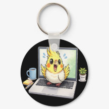 Lindo Porta-Chaves de Pássaro Cockatiel em Laptop