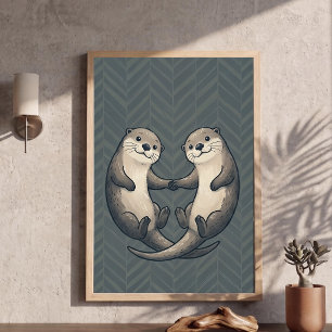 Lindo Poster de Arte de Lontras Fofas Segurando as