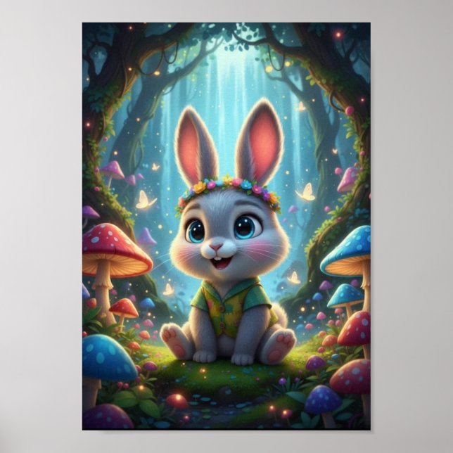 Lindo Poster de Coelho Floresta Fantasia (Frente)