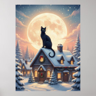 Lindo Poster de Gato Preto Sentado nas Nuvens