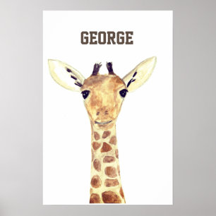 Lindo poster de girafa bebê em aquarela na selva