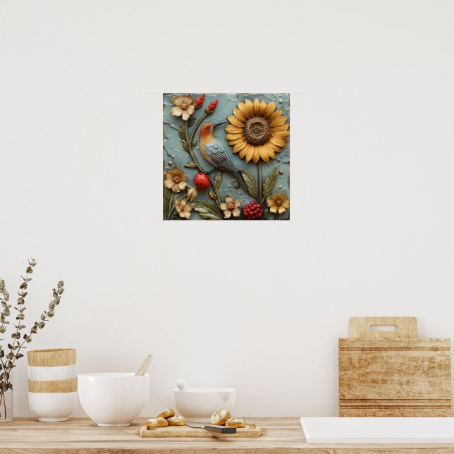Lindo Poster de Girassol de Pássaro Joia Floral (Cozinha)