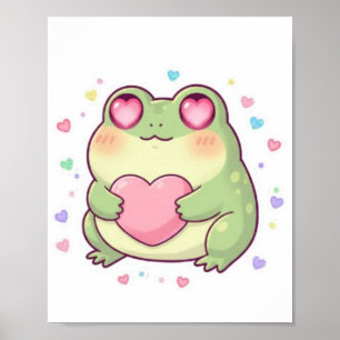 Lindo Poster de Sapo Segurando Coração Kawaii Aest
