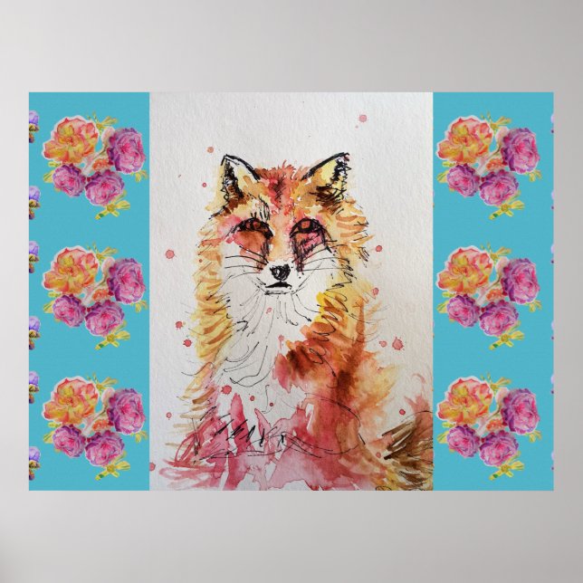 Lindo Poster do Animal Raposa Vermelha com Rosa Az (Frente)