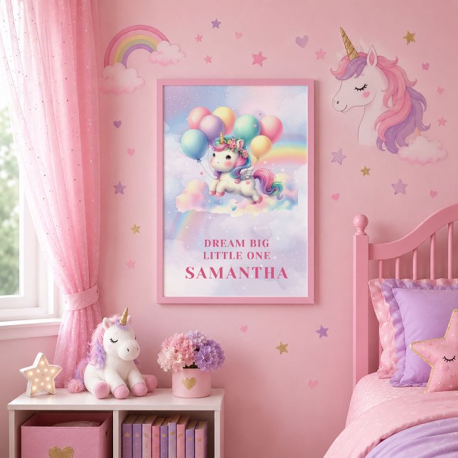 Lindo Quadro de Canvas de Unicórnio com Arco-íris  (Bright Rainbow Unicorn Framed Canvas Kids Decor)