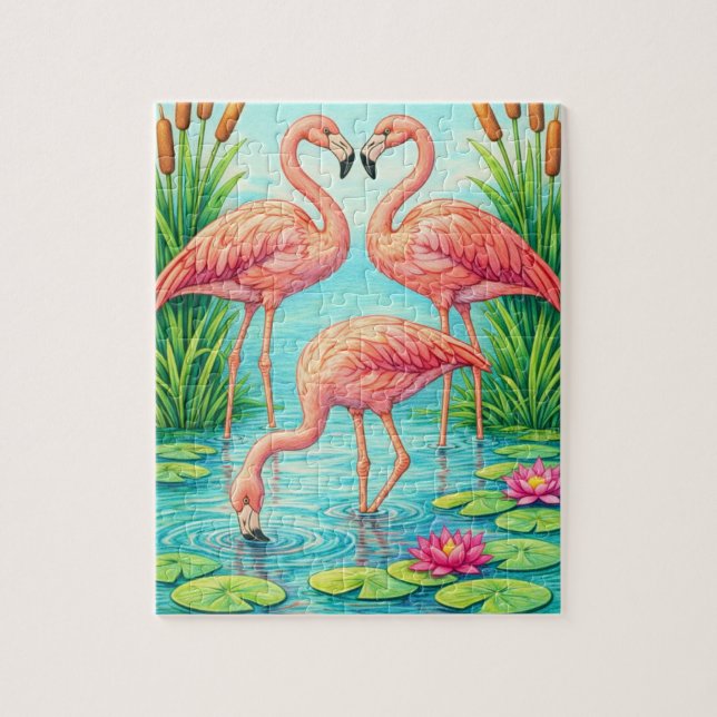 Lindo Quebra-Cabeça do Lago de Flamingos Rosa (Vertical)