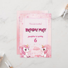 Lindo Unicórnio Rosa um Convite de Aniversário Mág