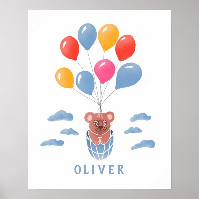 Lindo Urso de Pelúcia Balões Azuis Poster Nome Men (Frente)