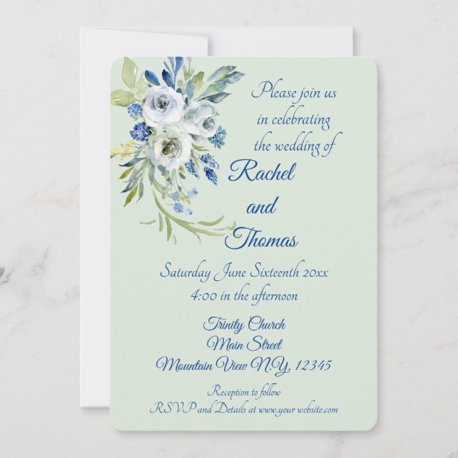 Lindos Convites De Casamento Floral De Azul E Mint (Frente)